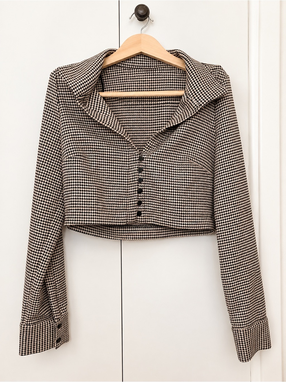 Zara Cropped Houndstooth Blazer - Black & Cream